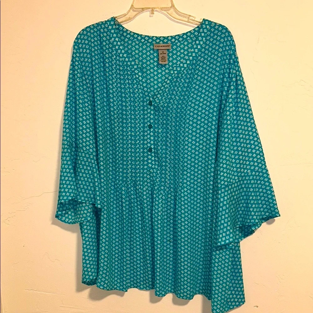 Catherines 3x 26/28W Turquoise and White Print Polyester Bell Sleeve Blouse